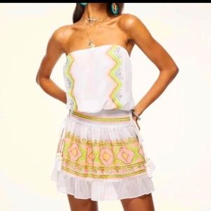 Ramy Brook White Strapless Mini Dress with Neon Yellow & Pink Embroidery